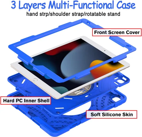 Miniatura 3 de BMOUO Funda para iPad de 9ª/8ª/7ª generación -10.2 pulgadas 2021/2020/2019 con protector de pantalla, soporte giratorio de 360º correa de mano