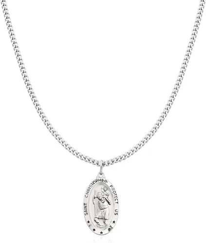 Miniatura 2 de Ross-Simons Medalla ovalada de San Cristóbal de Plata de Ley para hombre con cadena de acero inoxidable. 24 pulgadas, Plata esterlina, no conocido