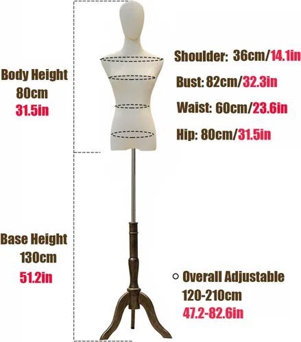 Miniatura 5 de Cuerpo de maniquí femenino con soporte de trípode de madera, altura ajustable de 47.2 a 82.6 pulgadas, forma de vestido de torso de costura