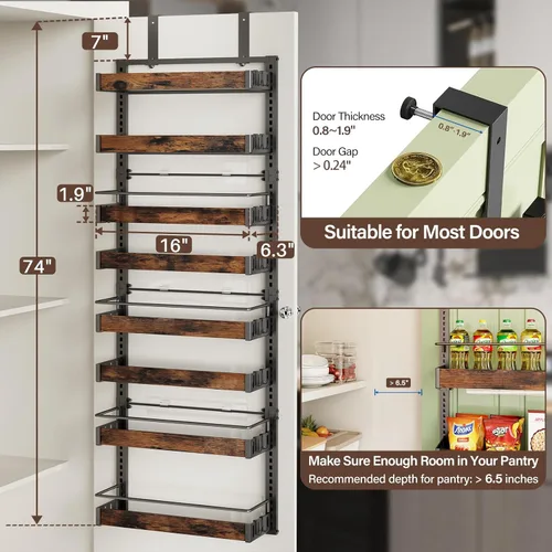 Miniatura 2 de Organizador de despensa de 8 niveles para colgar sobre la puerta, 2 EN 1 de montaje en pared o estante de especias colgante de metal