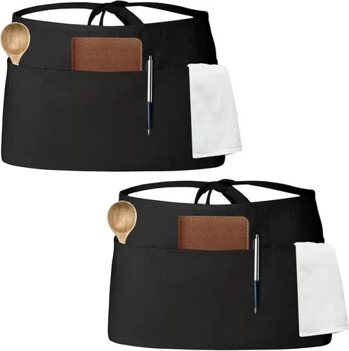 Tosewever Delantales de camarera con 3 bolsillos, delantal de cintura para camarera para mujeres y hombres, restaurante, hogar, negro, medio delantal