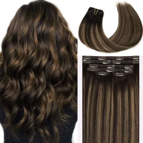 Miniatura 82 de Loxxy Extensiones de cabello humano con clip, sin costuras, 22 pulgadas, color marrón oscuro a castaño oscuro y marrón oscuro, 7 piezas