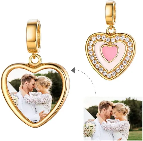 Miniatura 50 de Custom4U Photo Charms for Bracelets 925 Sterling Silver/Gold Plated Heart/Tree of Life/Round Charm Bead Personalized with Picture Custom