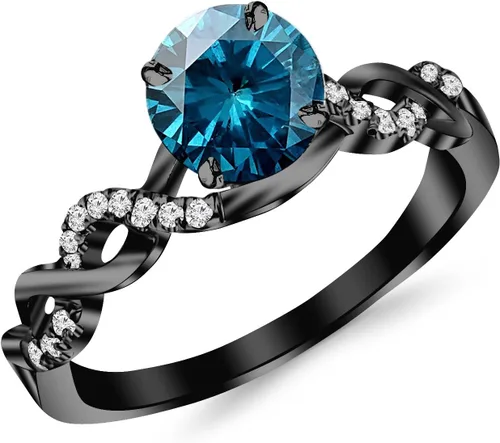 Anillo de compromiso de oro negro de 14 quilates de 0.63 quilates con diamante y vástago dividido de diamantes con un centro de diamantes azul de