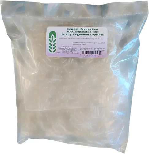 Capsule Connection 1000 cápsulas vegetales vacías separadas, tamaño 00, bolsa resellable vegana y vegetariana