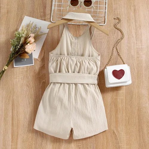 Miniatura 3 de Mameluco de verano sin mangas para niñas pequeñas, mono de lino y algodón sólido con cinturón, para madres y niñas (beige, 12-18 meses)