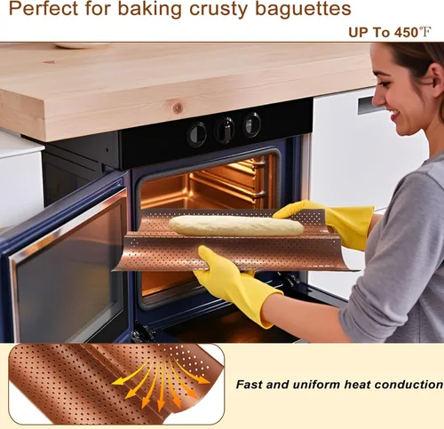 Miniatura 4 de Juego de 2 sartenes para baguette con paño de prueba, antiadherente de 2 ranuras para pan francés para baguette casero, bandeja de bronce vintage
