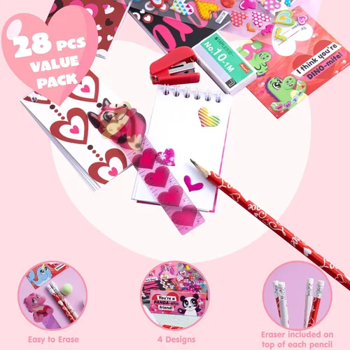 Miniatura 3 de JOYIN Juego de 28 artículos de papelería para el día de San Valentín con tarjeta de regalo para niños, incluye lápices, reglas, cuaderno