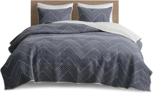 Miniatura 4 de Ink+Ivy Juego de edredón reversible de algodón – Funda de verano con diseño de cheurón moderno, transpirable, capa de ropa de cama ligera para todas