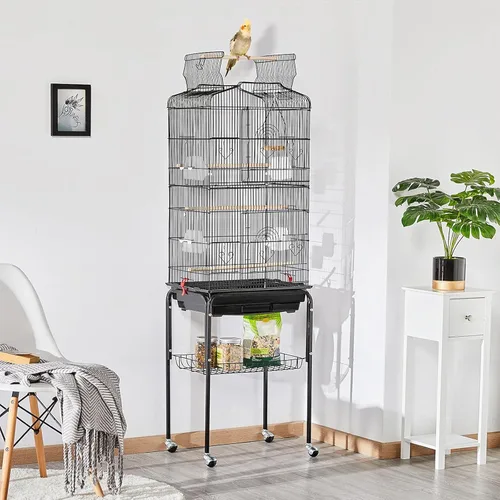 Miniatura 2 de Yaheetech Jaula para pájaros de 64 pulgadas, jaula para periquitos con bandeja deslizante, comederos, soporte enrollable desmontable, jaulas