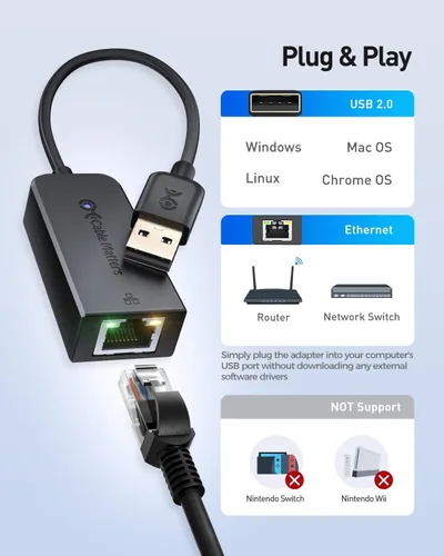 Miniatura 4 de Cable Matters Adaptador USB a Ethernet Plug & Play - Compatible con clones de direcciones PXE y MAC -Adaptador Ethernet a USB 2.0 de 10/100 Mbps