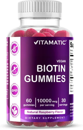 Vitamatic Gomitas de biotina de 10,000 mcg para cabello más fuerte, piel y uñas, 60 gomitas veganas, también llamadas vitamina B7 (1 botella)