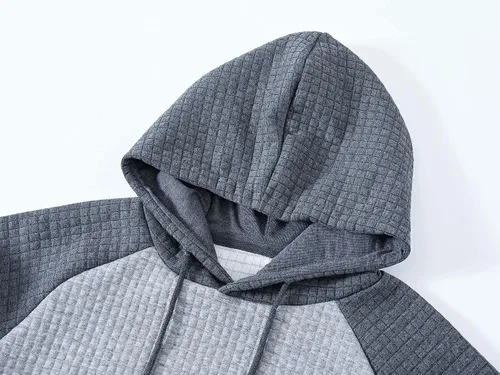 Miniatura 5 de Sudadera de manga larga para hombre con capucha con cordón de jacquard a cuadros estilo informal y hípster con bolsillo de canguro