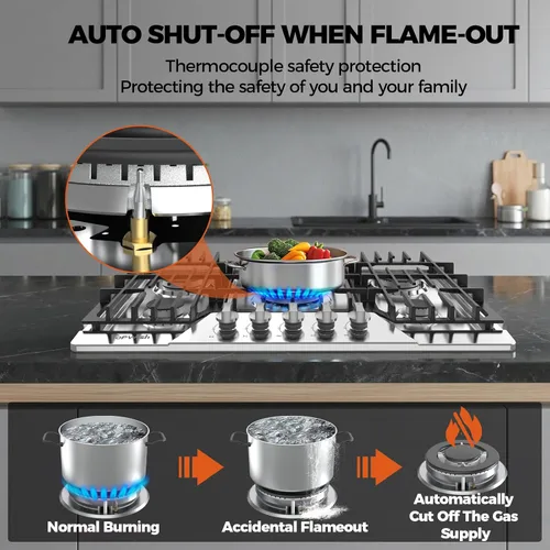 Miniatura 3 de Cocina de gas de 30 pulgadas, estufa de gas TOPWISH con 5 quemadores SABAF de alta eficiencia, 41400 BTU, NG/GLP convertible, estufa de propano
