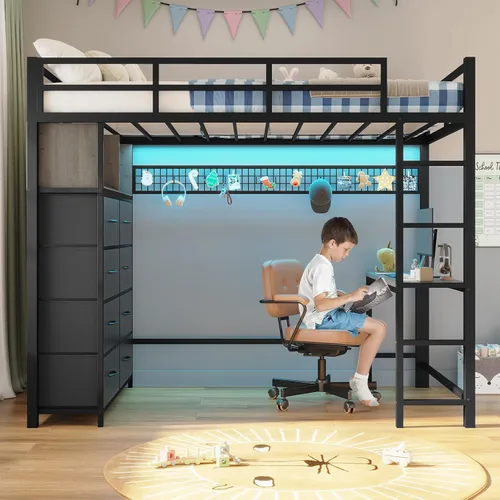 Miniatura 4 de ADORNEVE Cama tipo loft de tamaño individual con escritorio y 8 cajones de almacenamiento, cama alta de metal individual con luces LED y estación
