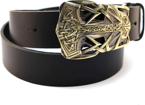 Miniatura 2 de Leather belt with buckle Thor's Hammer, Scandinavian Old Norse Viking Mjolnir solid brass belt buckle on belt