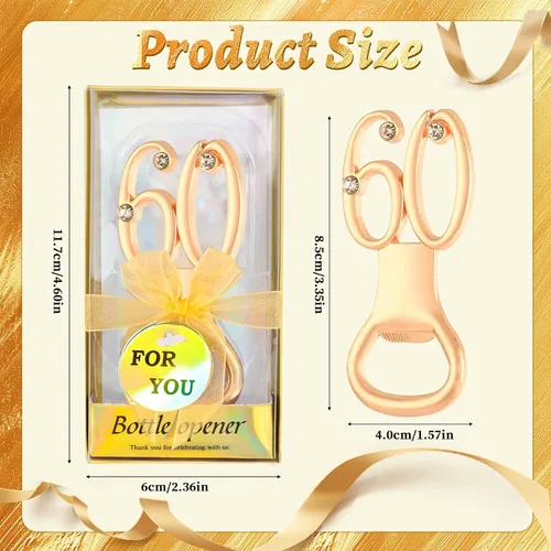 Miniatura 2 de 24 abrebotellas dorado para regalos de cumpleaños 60, regalos de fiesta de boda de oro 60, recuerdos o decoraciones para invitados (24, 60)