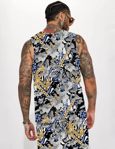 Miniatura 2 de JoZorro Conjunto de camiseta sin mangas con estampado floral para hombre, camiseta deportiva casual con estampado de lujo, ropa deportiva hawaiana