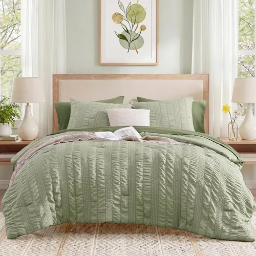 Miniatura 7 de CASAAGUSTO Juego de edredón Twin XL, 5 piezas de cama de seersucker beige en una bolsa, tamaño Twin, suave para todas las estaciones, juegos de ropa