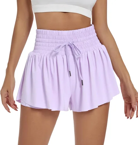 Blaosn Pantalones cortos deportivos fluidos para mujer, entrenamiento, correr, gimnasio, yoga, cintura alta con bolsillos, pantalones cortos para
