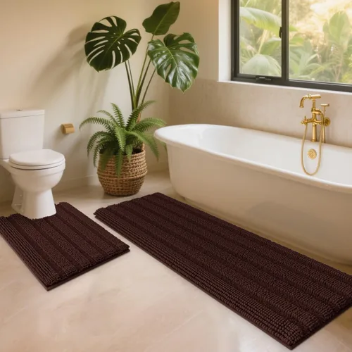 Miniatura 16 de ACCUMTEK - Juego de alfombras de baño a rayas beige de 3 piezas, ultrasuaves, antideslizantes de chenilla, alfombras de baño mullidas y absorbentes
