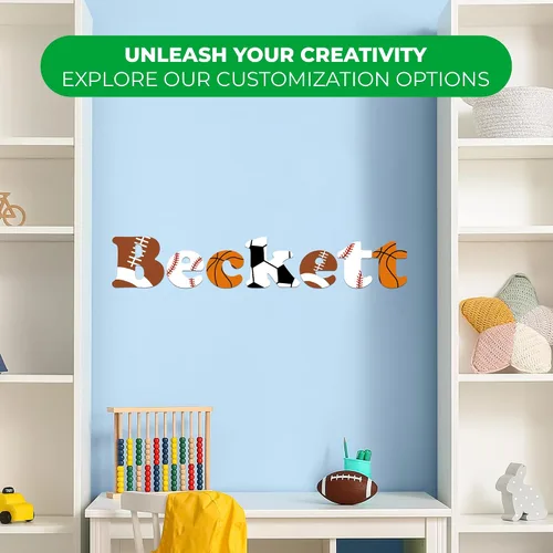 Miniatura 2 de EGD - Calcomanía de pared con nombre personalizado con inicial y pelotas deportivas, decoración de pared I de fútbol, béisbol, baloncesto, fútbol