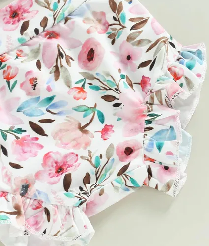Miniatura 6 de Conjunto de ropa de verano para bebé recién nacida, conjunto de ropa de verano con estampado floral, mameluco con cordón y diadema corta