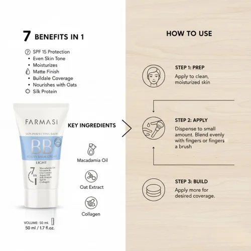Miniatura 6 de FARMASi BB Cream Beauty Balm, hidratante tintado con SPF 15, acabado mate ligero, maquillaje facial de cobertura construible, 1.7 onzas líquidas, 01
