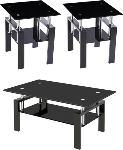 Juego de 3 mesas de café de cristal, modernas mesas negras para sala de estar, mesas auxiliares y auxiliares, juego de mesa auxiliar de 3 piezas