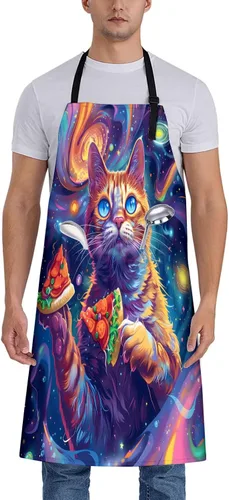 Cosmic Pizza - Delantal de gato para mujer, 28 x 33 pulgadas, delantales de cocina con 2 bolsillos, poliéster, bonito delantal de gato para cocinar,