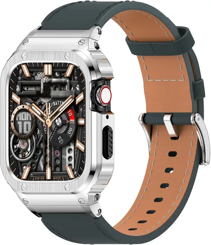 Miniatura 18 de SUPLINK Correa de cuero con funda de acero inoxidable para Apple Watch Ultra 3/2/1 y SE 3/2/1 y Series 11 10 9 8 7 6 5 4 3 2 1 1.929 in 1.811 in
