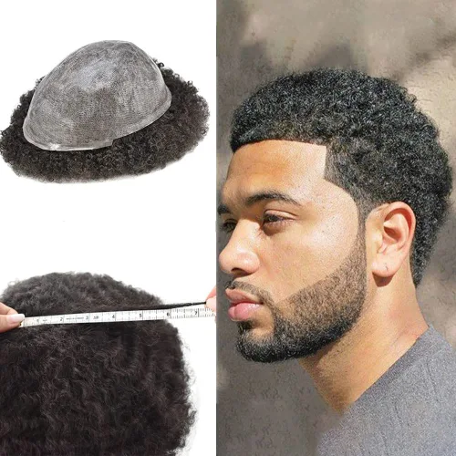 Tupé rizado afro para hombres negros, base de poliéster completa, unidad de cabello fino 100% virgen humano rizado, unidades de repuesto para