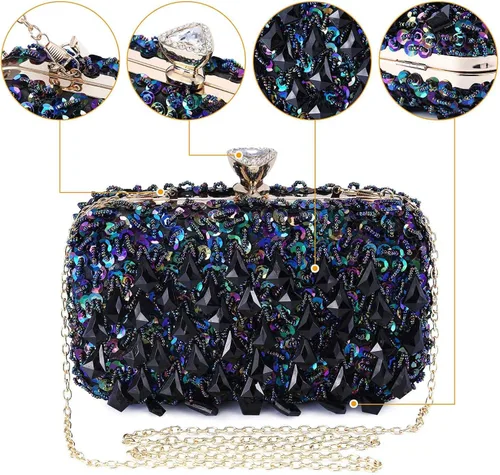 Miniatura 4 de UBORSE Bolso de noche con lentejuelas brillantes de diamantes de imitación para mujer, estilo vintage, con cuentas de cristal, para cóctel, fiesta