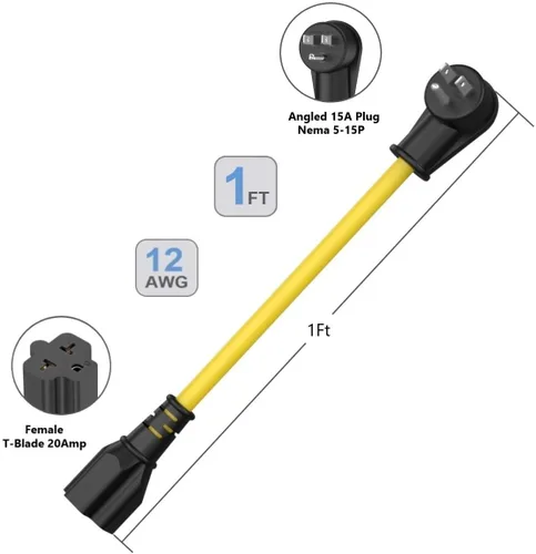 Miniatura 7 de Cable adaptador de enchufe doméstico de 1 pie de 12 AWG en ángulo recto de 15 amperios a 20 amperios, cable adaptador de enchufe de 90 grados Nema