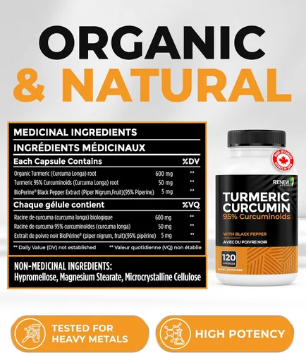 Miniatura 6 de Renew Actives Curcumina de cúrcuma orgánica de máxima potencia + cápsulas de pimienta negra. Suministro de 2 meses. Sin OMG y fuente