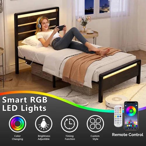 Miniatura 3 de VINGLI Base de cama de plataforma individual con cabecero y estribo LED, estación de carga USB, cama de panel de metal con espacio de almacenamiento