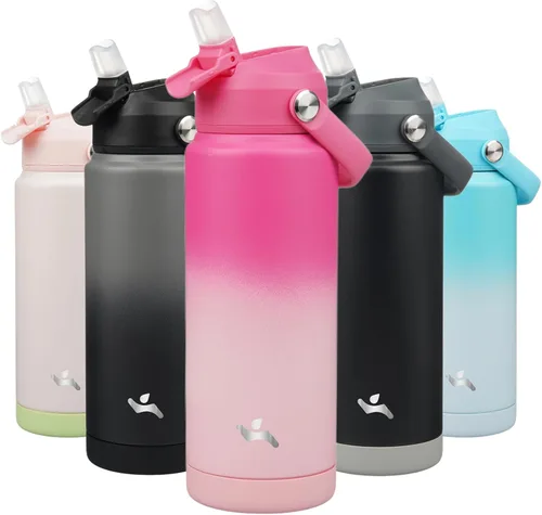 Miniatura 38 de Konokyo Botella de agua aislada con tapa de pajilla, botella de metal al vacío de acero inoxidable de 18 onzas con mango de silicona, color negro