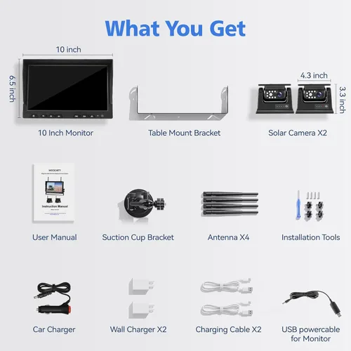 Miniatura 7 de 10.1 pulgadas - 2 cámaras de respaldo inalámbricas solares magnéticas, monitor HD 1080P DVR, sistema de cámaras duales para remolque de enganche RV