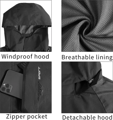 Miniatura 4 de TEZO Chaqueta impermeable para hombre, con capucha, rompevientos ligera
