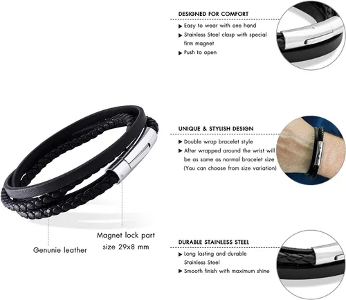 Miniatura 4 de 555Jewelry - Pulsera magnética de acero inoxidable con capas de cordón de cuero trenzado