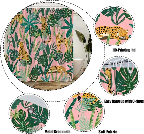 Miniatura 3 de Cortina de ducha de leopardo, vida silvestre, animales, leopardo, asiático, rosa, guepardo, tigre, hoja de palmera, selva tropical, selva, selva
