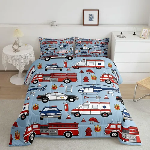 Miniatura 27 de Feelyou Juego de ropa de cama de camión de bomberos, edredón de coche de bomberos y policía para decoración de habitación de niños, tamaño Multi D05