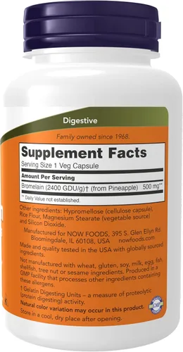 Miniatura 2 de NOW Foods Suplementos, Bromelaína (Enzima Proteolítica Natural) 2,400 GDU/g - 500 mg, Enzima Proteolítica Natural*, 120 Cápsulas Vegetarianas