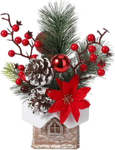Miniatura 7 de hatisan Árbol de Navidad Pequeño, Árbol de Navidad Artificial con Adornos Navideños Piña Baya, Árbol de Navidad de Mesa para Decoraciones Navideñas