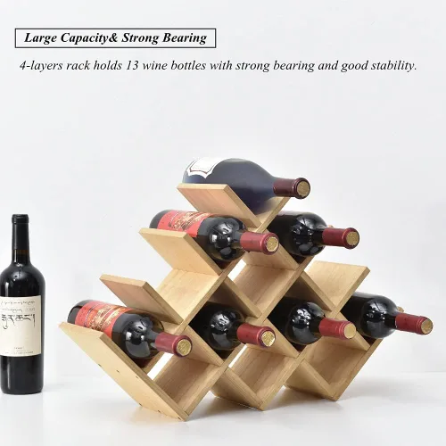 Miniatura 8 de KIRIGEN Estante de madera para vino de 13 botellas, estante de exhibición de vino de 4 niveles de madera natural, estante de almacenamiento de pie