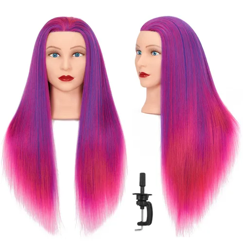 Miniatura 12 de Cabeza de maniquí 26-28" Cabeza de maniqui de fibra sintética Yaki para peluquería, modelo de entrenamiento de cosmetología, cabeza de muñeca