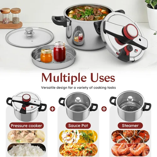 Miniatura 4 de BreeRainz 304 Olla a presión de acero inoxidable 8.45QT 3-Stage PSI Settings,One-Hand Locking,Pressure Pot with Extra Glass Lid, Timer,Steaming