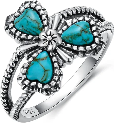 BETHZA Anillo de plata de ley 925 con diseño de trébol, turquesa natural, con 3 formas de corazón, piedra bohemia, regalo para mujer
