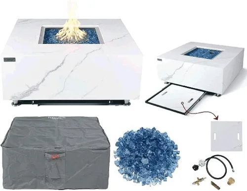 Miniatura 57 de Elementi+ Mesa de Fuego de Gas Colorado de Hormigón Fundido de 56" Rectangular, Hoguera al Aire Libre con Ignición Electrónica Incluye Cubierta