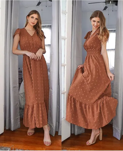 Miniatura 4 de PRETTYGARDEN - Vestido bohemio de manga corta con cuello en V y plumetí con volantes vestido maxi fruncido de cóctel